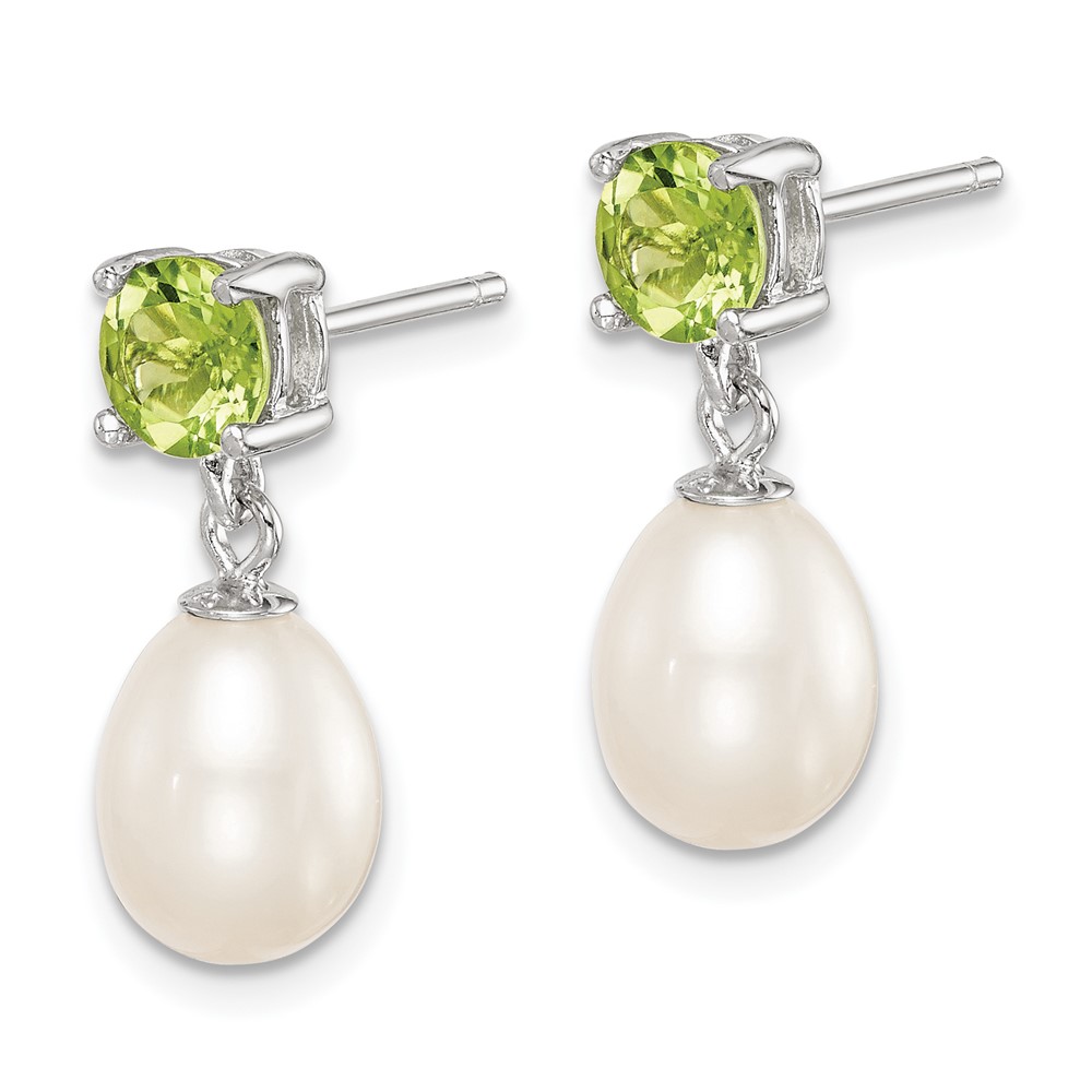 Sterling Silver Rhodium-plated 7-8mm White Teardrop Freshwater Cultured Pearl and 1.12PE Peridot Post Dangle Earrings (QE12793)