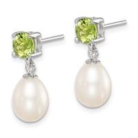Sterling Silver Rhodium-plated 7-8mm White Teardrop Freshwater Cultured Pearl and 1.12PE Peridot Post Dangle Earrings view 2