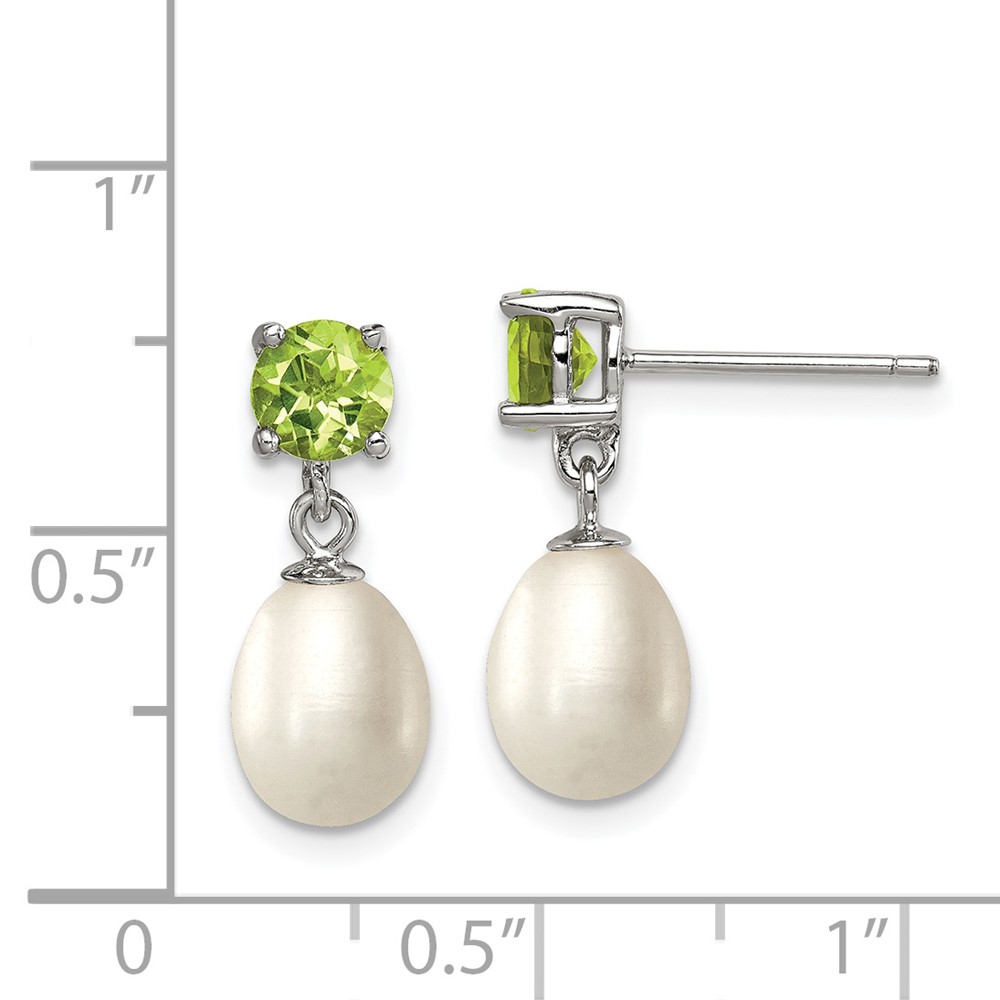 Sterling Silver Rhodium-plated 7-8mm White Teardrop Freshwater Cultured Pearl and 1.12PE Peridot Post Dangle Earrings (QE12793)