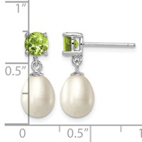 Sterling Silver Rhodium-plated 7-8mm White Teardrop Freshwater Cultured Pearl and 1.12PE Peridot Post Dangle Earrings view 4