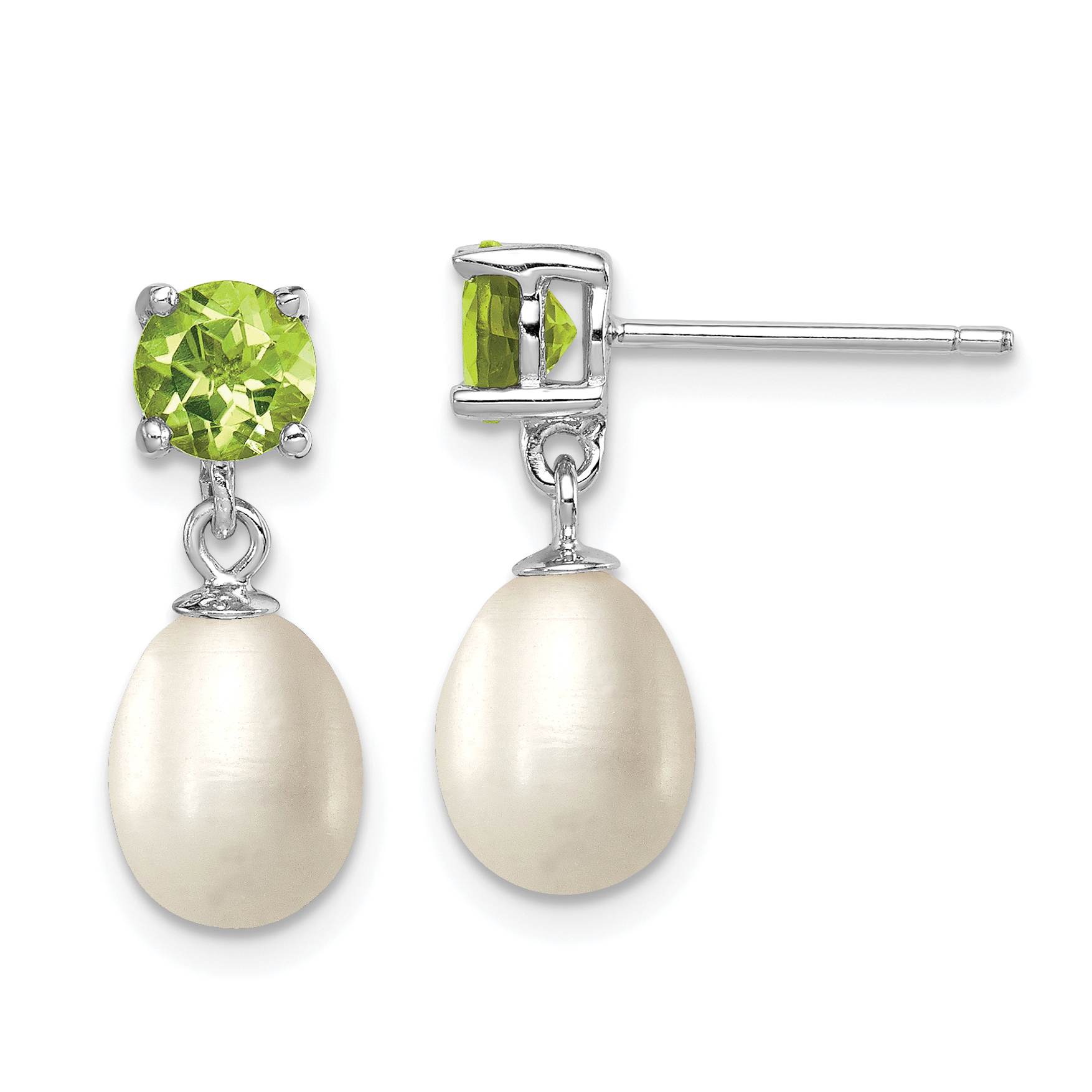Sterling Silver Rhodium-plated 7-8mm White Teardrop Freshwater Cultured Pearl and 1.12PE Peridot Post Dangle Earrings (QE12793)