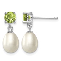 Sterling Silver Rhodium-plated 7-8mm White Teardrop Freshwater Cultured Pearl and 1.12PE Peridot Post Dangle Earrings view 1