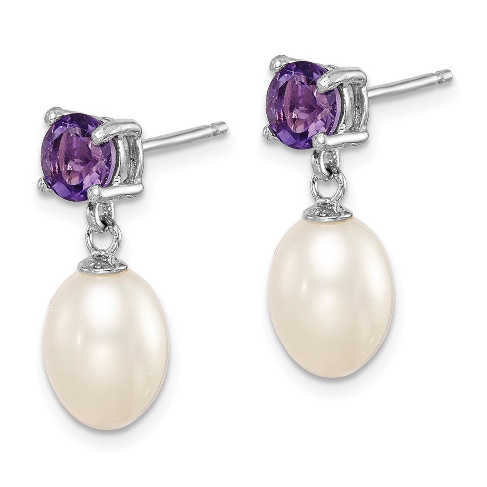 Sterling Silver Rhodium-plated 7-8mm White Teardrop Freshwater Cultured Pearl and .84AM Amethyst Post Dangle Earrings (QE12794)