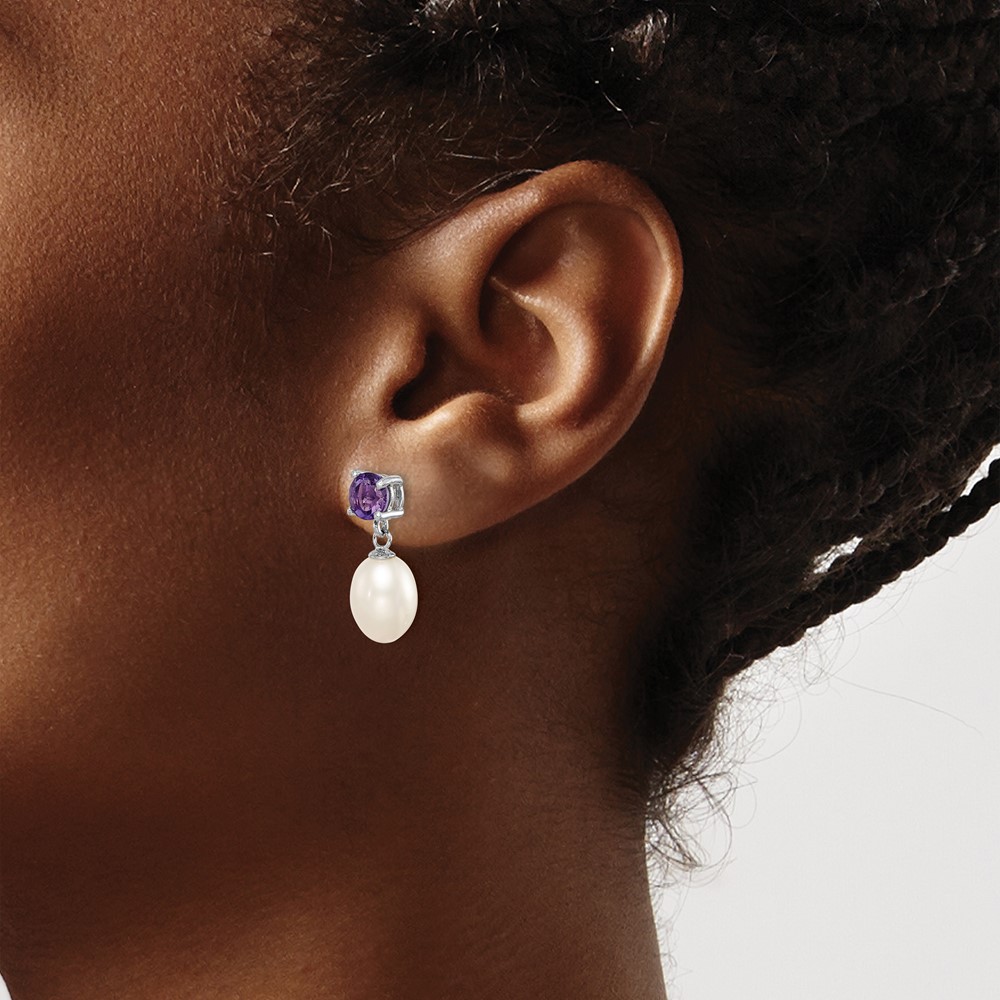 Sterling Silver Rhodium-plated 7-8mm White Teardrop Freshwater Cultured Pearl and .84AM Amethyst Post Dangle Earrings (QE12794)