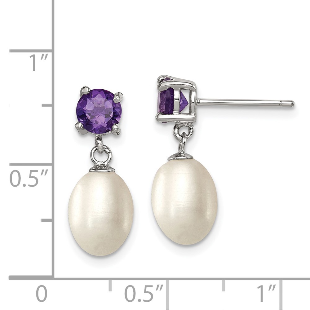 Sterling Silver Rhodium-plated 7-8mm White Teardrop Freshwater Cultured Pearl and .84AM Amethyst Post Dangle Earrings (QE12794)