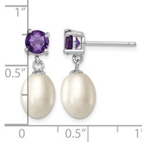 Sterling Silver Rhodium-plated 7-8mm White Teardrop Freshwater Cultured Pearl and.84AM Amethyst Post Dangle Earrings view 4