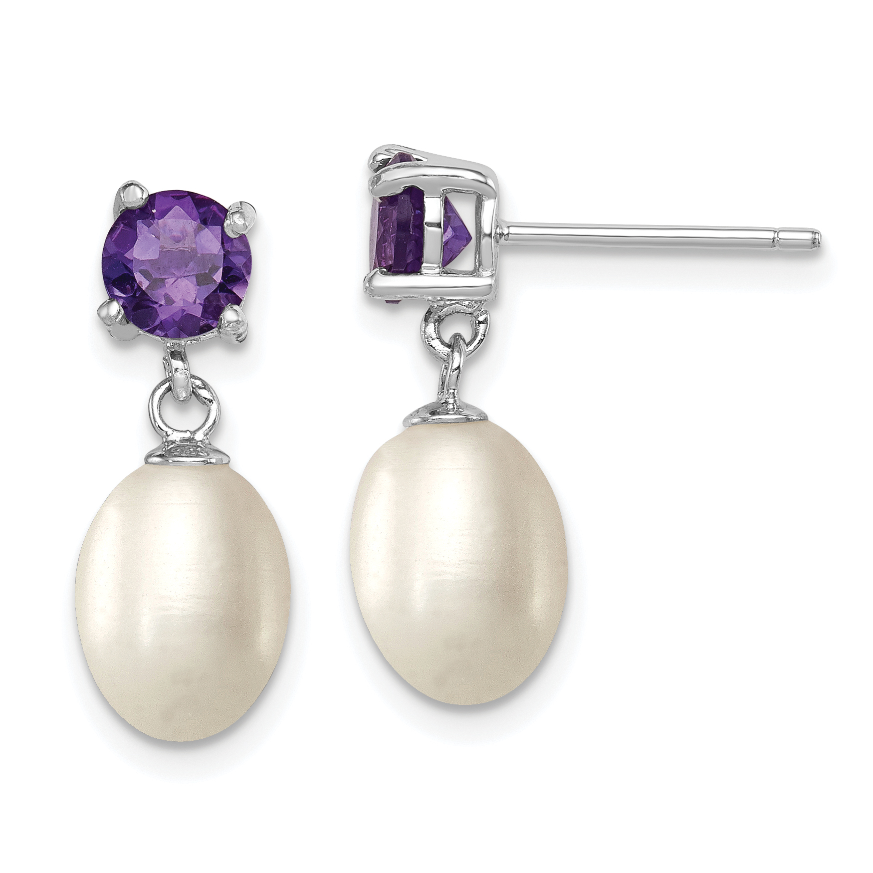 Sterling Silver Rhodium-plated 7-8mm White Teardrop Freshwater Cultured Pearl and .84AM Amethyst Post Dangle Earrings (QE12794)