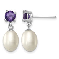 Sterling Silver Rhodium-plated 7-8mm White Teardrop Freshwater Cultured Pearl and.84AM Amethyst Post Dangle Earrings view 1