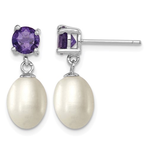 Sterling Silver Rhodium-plated 7-8mm White Teardrop Freshwater Cultured Pearl and.84AM Amethyst Post Dangle Earrings