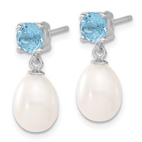 Sterling Silver Rhodium-plated 7-8mm White Teardrop Freshwater Cultured Pearl and 1.30BT Blue Topaz Post Dangle Earrings view 2
