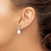 Sterling Silver Rhodium-plated 7-8mm White Teardrop Freshwater Cultured Pearl and 1.30BT Blue Topaz Post Dangle Earrings view 3