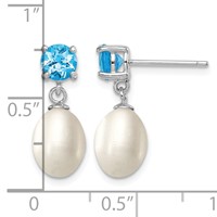 Sterling Silver Rhodium-plated 7-8mm White Teardrop Freshwater Cultured Pearl and 1.30BT Blue Topaz Post Dangle Earrings view 4
