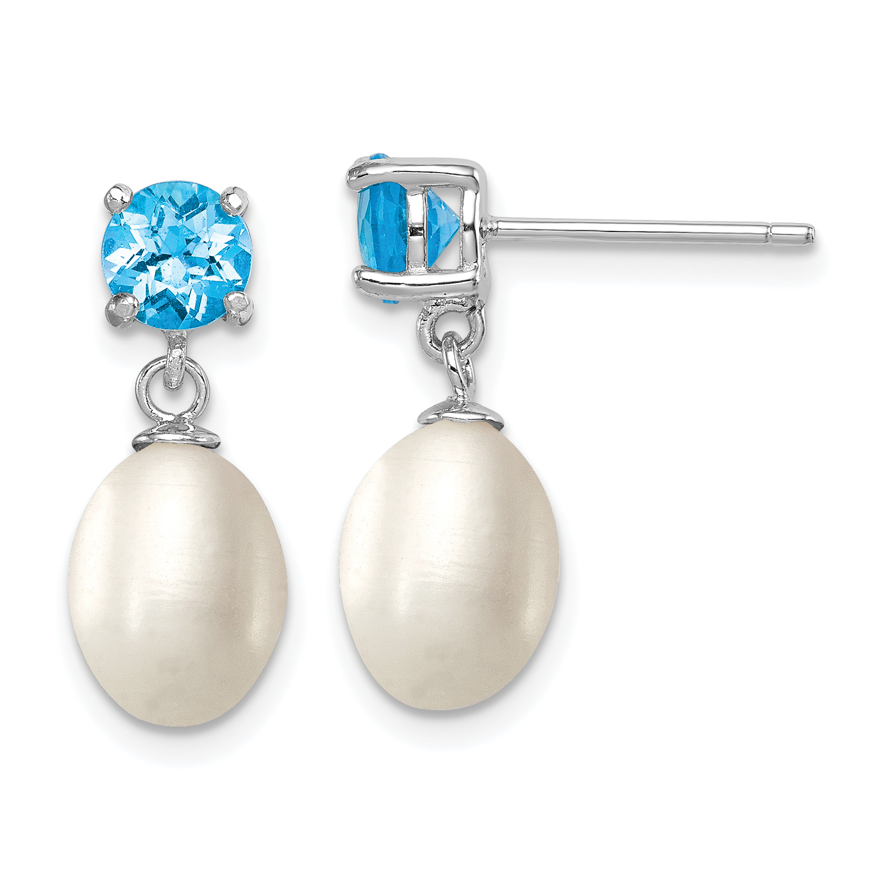 Sterling Silver Rhodium-plated 7-8mm White Teardrop Freshwater Cultured Pearl and 1.30BT Blue Topaz Post Dangle Earrings (QE12795)