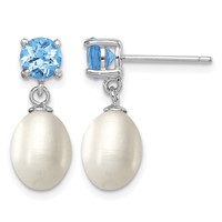 Sterling Silver Rhodium-plated 7-8mm White Teardrop Freshwater Cultured Pearl and 1.30BT Blue Topaz Post Dangle Earrings view 1