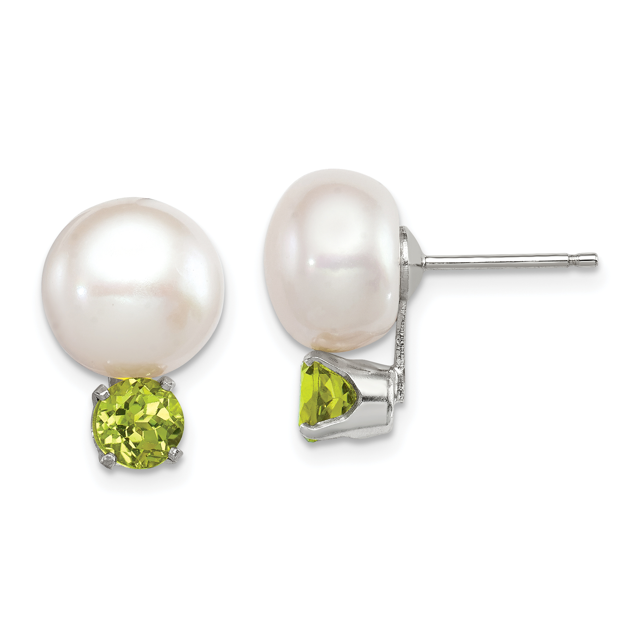 Sterling Silver Rhod-pltd 10-11mm FWC Button Pearl Peridot Earrings (QE12797)
