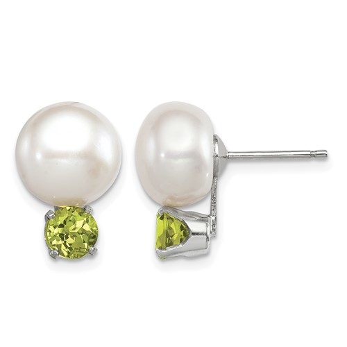 Sterling Silver Rhodium-plate 10-11mm Fwc Button Pearl Peridot Earrings