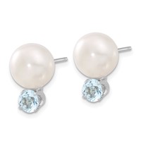 Sterling Silver Rhodium-pltd 10-11mm Fwc Button Pearl Blue Topaz Earrings view 2