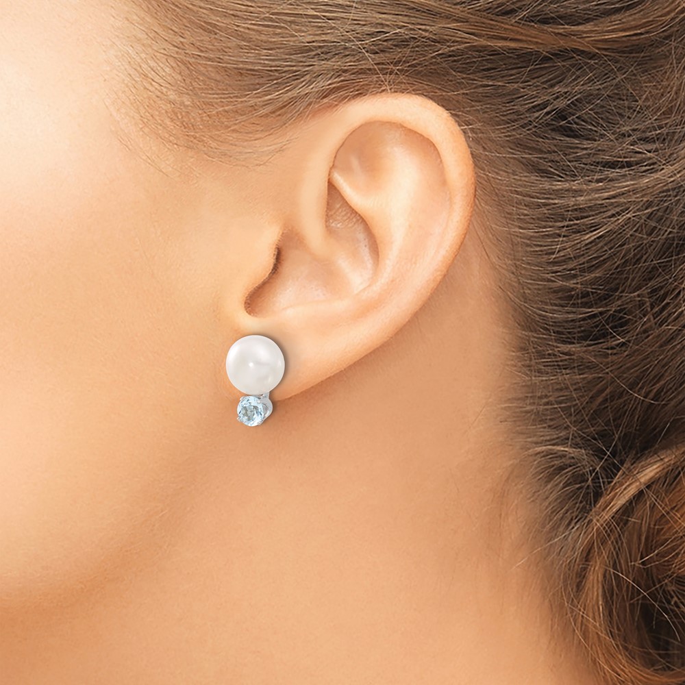 Sterling Silver Rhod-pltd 10-11mm FWC Button Pearl Blue Topaz Earrings (QE12800)