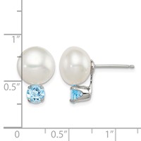 Sterling Silver Rhodium-pltd 10-11mm Fwc Button Pearl Blue Topaz Earrings view 4