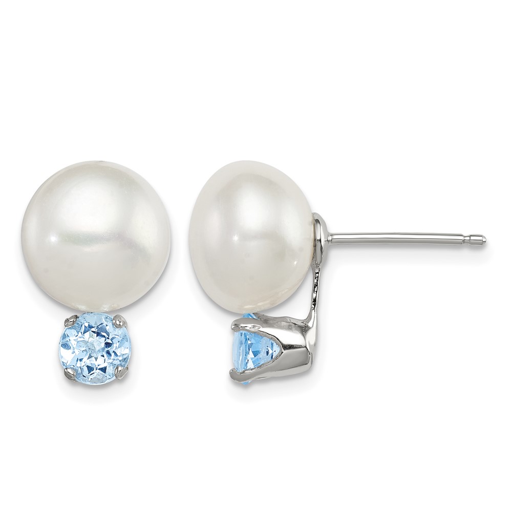 Sterling Silver Rhodium-pltd 10-11mm Fwc Button Pearl Blue Topaz Earrings