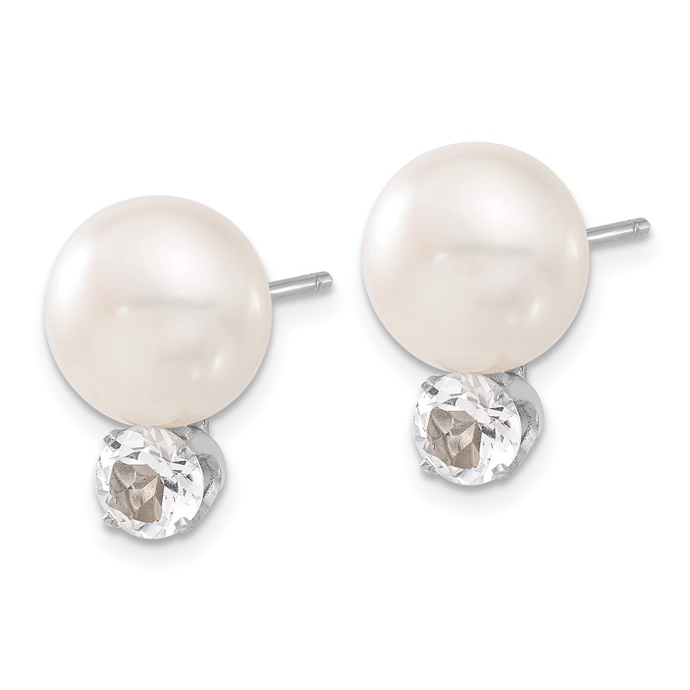 Sterling Silver RH-pltd 10-11mm FWC Button Pearl White Topaz Earrings (QE12801)