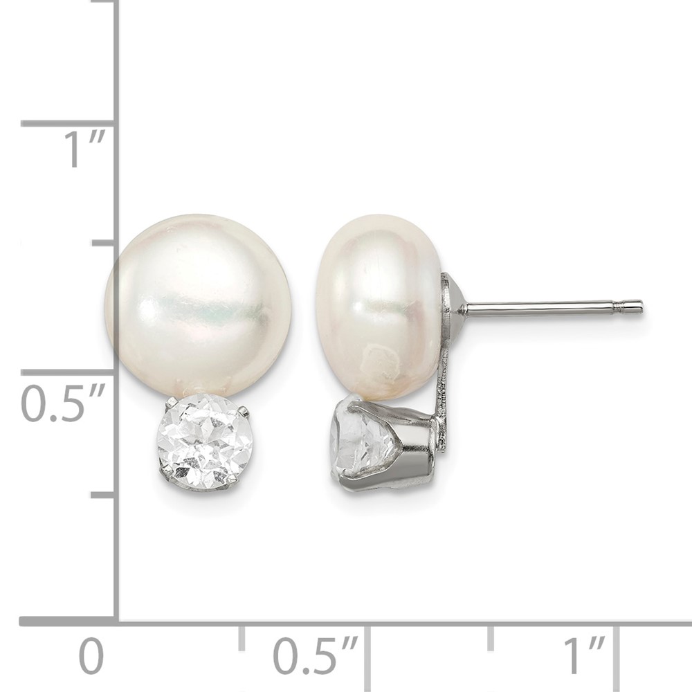 Sterling Silver RH-pltd 10-11mm FWC Button Pearl White Topaz Earrings (QE12801)
