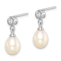 Sterling Silver Rhodium-plated 7-8mm White Rice Freshwater Cultured Pearl and CZ Post Dangle Earrings view 2