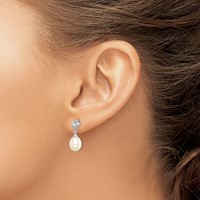 Sterling Silver Rhodium-plated 7-8mm White Rice Freshwater Cultured Pearl and CZ Post Dangle Earrings view 3
