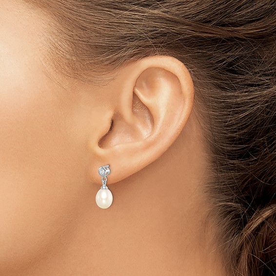 Sterling Silver Rhodium-plated 7-8mm White Rice Freshwater Cultured Pearl and CZ Post Dangle Earrings