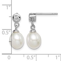 Sterling Silver Rhodium-plated 7-8mm White Rice Freshwater Cultured Pearl and CZ Post Dangle Earrings view 4