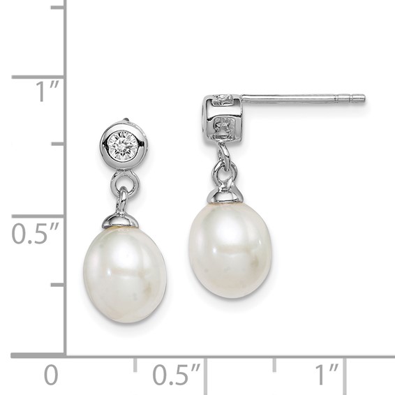 Sterling Silver Rhodium-plated 7-8mm White Rice Freshwater Cultured Pearl and CZ Post Dangle Earrings