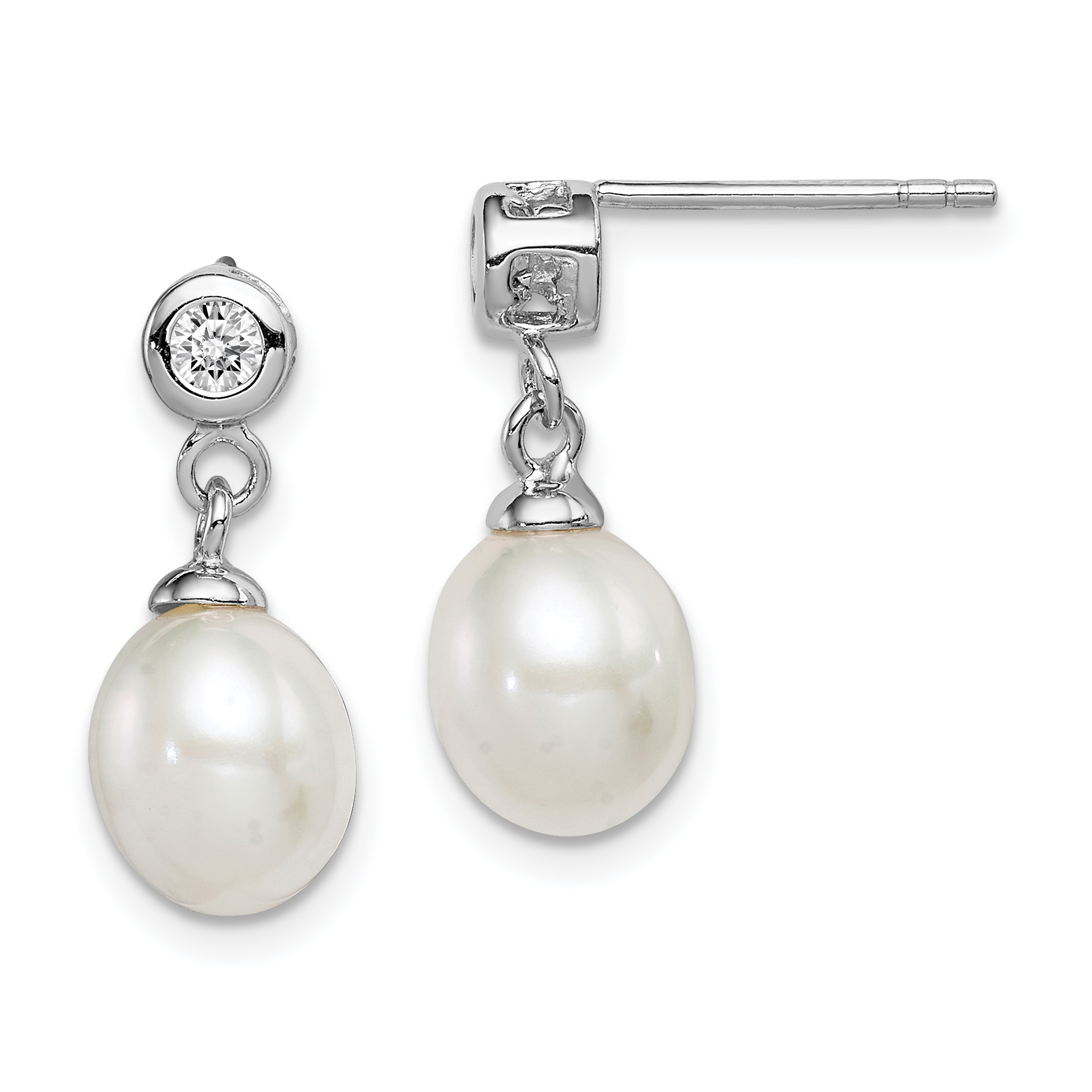 Sterling Silver Rhodium-plated 7-8mm White Rice Freshwater Cultured Pearl and CZ Post Dangle Earrings (QE12808)