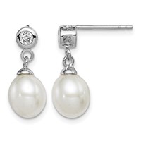 Sterling Silver Rhodium-plated 7-8mm White Rice Freshwater Cultured Pearl and CZ Post Dangle Earrings view 1