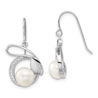 Sterling Silver Polished Freshwater Cultured Pearl & CZ Rabbit Dangle Earrings view 1
