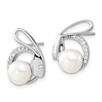 Sterling Silver Polished Freshwater Cultured Pearl & CZ Rabbit Post Earrings view 2