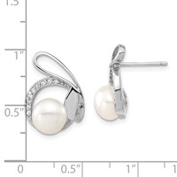 Sterling Silver Polished Freshwater Cultured Pearl & CZ Rabbit Post Earrings view 3