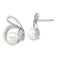 Sterling Silver Polished Freshwater Cultured Pearl & CZ Rabbit Post Earrings view 1