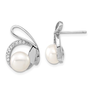 Sterling Silver Polished Freshwater Cultured Pearl & CZ Rabbit Post Earrings