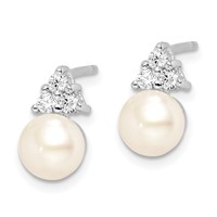 Sterling Silver Rhodium-plated 6-7mm White Button Freshwater Cultured Pearl and CZ Post Earrings view 2