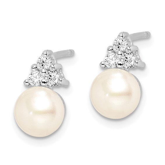 Sterling Silver Rhodium-plated 6-7mm White Button Freshwater Cultured Pearl and CZ Post Earrings
