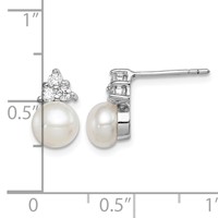 Sterling Silver Rhodium-plated 6-7mm White Button Freshwater Cultured Pearl and CZ Post Earrings view 4