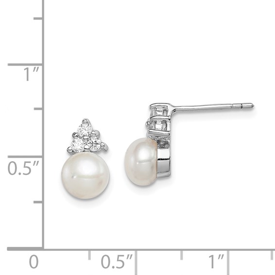 Sterling Silver Rhodium-plated 6-7mm White Button Freshwater Cultured Pearl and CZ Post Earrings