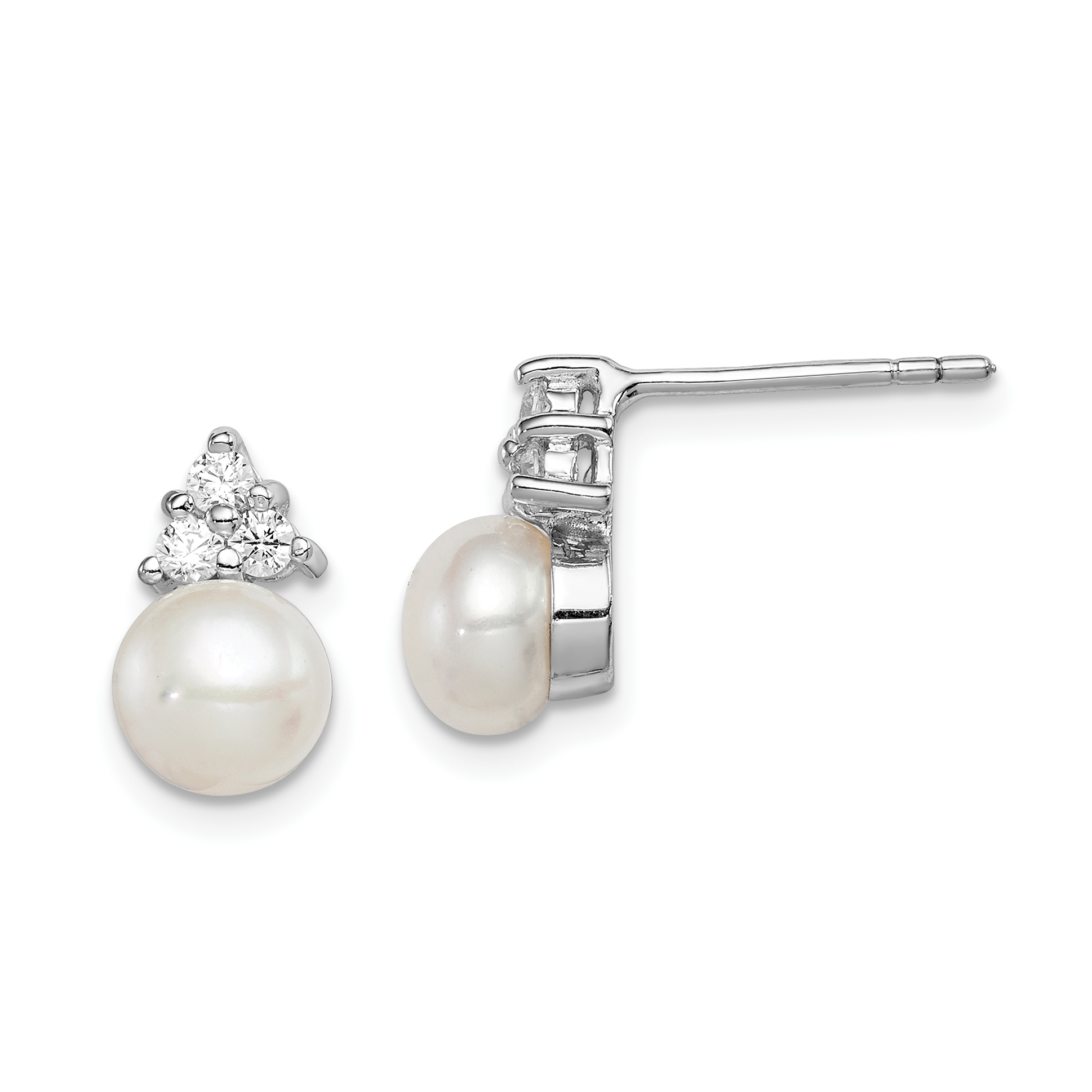Sterling Silver Rhodium-plated 6-7mm White Button Freshwater Cultured Pearl and CZ Post Earrings (QE12812)