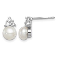 Sterling Silver Rhodium-plated 6-7mm White Button Freshwater Cultured Pearl and CZ Post Earrings view 1