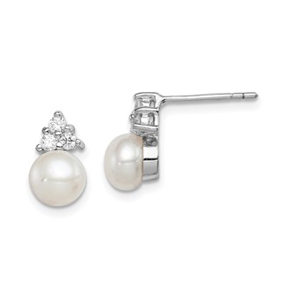 Sterling Silver Rhodium-plated 6-7mm White Button Freshwater Cultured Pearl and CZ Post Earrings