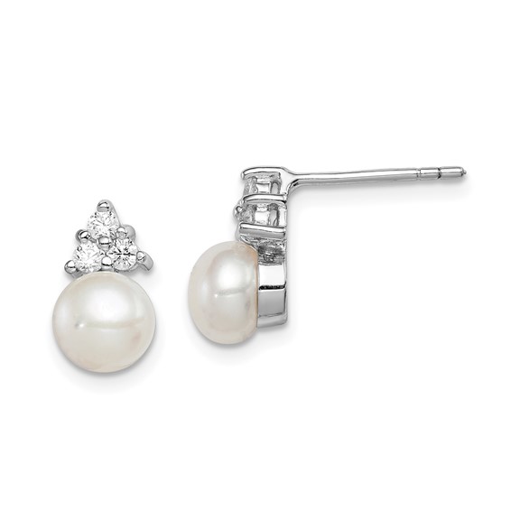 Sterling Silver Rhodium-plated 6-7mm White Button Freshwater Cultured Pearl and CZ Post Earrings