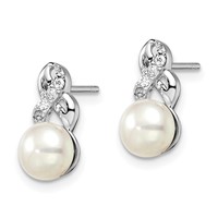 Sterling Silver Rhodium-plated 6-7mm White Button Freshwater Cultured Pearl and CZ Post Earrings view 2