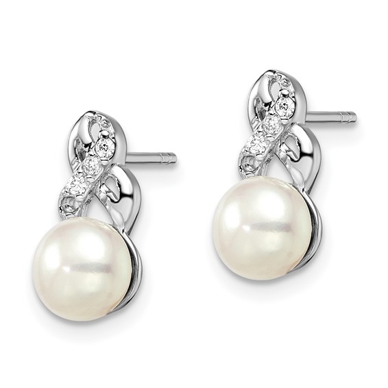 Sterling Silver Rhodium-plated 6-7mm White Button Freshwater Cultured Pearl and CZ Post Earrings