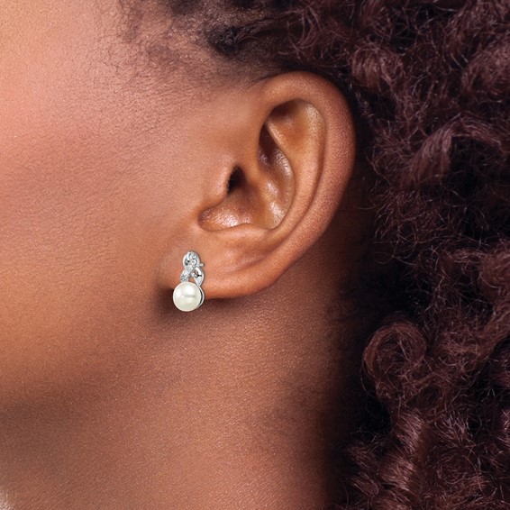 Sterling Silver Rhodium-plated 6-7mm White Button Freshwater Cultured Pearl and CZ Post Earrings