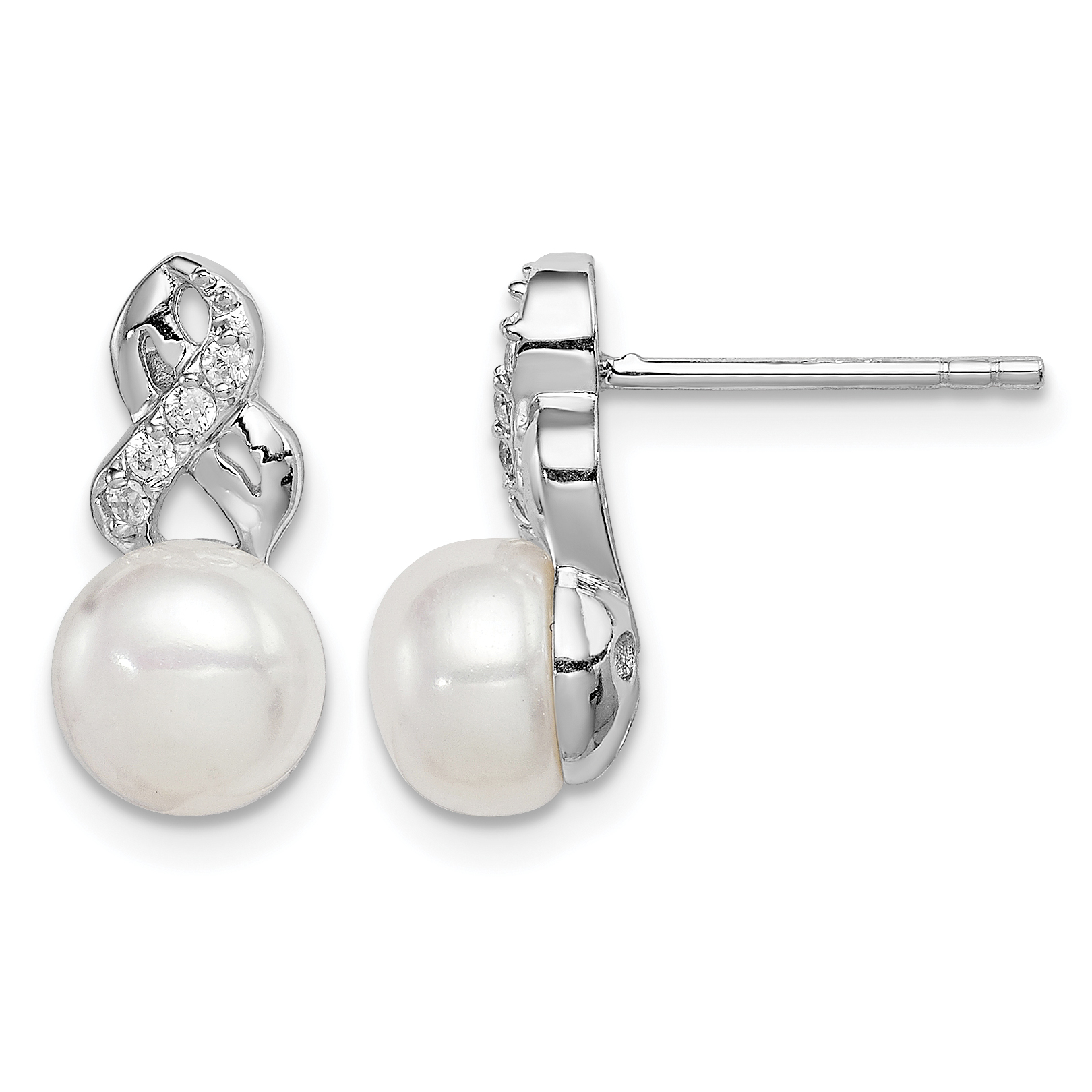 Sterling Silver Rhodium-plated 6-7mm White Button Freshwater Cultured Pearl and CZ Post Earrings (QE12814)